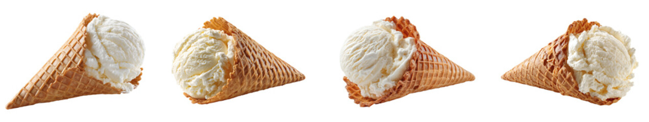 Delicious Vanilla Ice Cream Waffle Cone Dessert on a Studio Shot, Single PNG set with transparent background