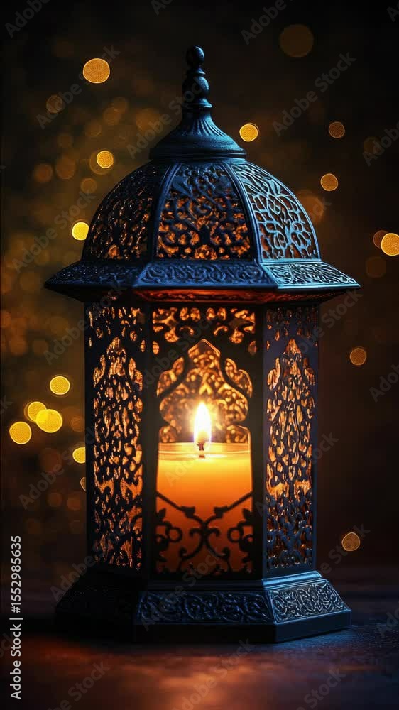Poster a lit lantern with bokeh lights in the background, creating a warm and inviting ambiance. this is of