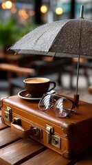 Rainy cafe, coffee, suitcase, glasses