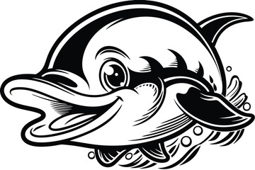 In black and white, a joyful dolphin smiles amid stylized waves and bubbles
