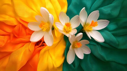 Fototapeta premium Vibrant Spring Crocus Flowers on Colorful Silk Fabric