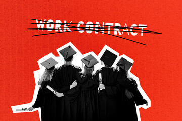 Sketch 3D photo collage trend of jobless team man lady stand hugs graduate cap diploma failure...