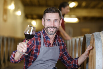 handsome sommelier holding glass in cellar