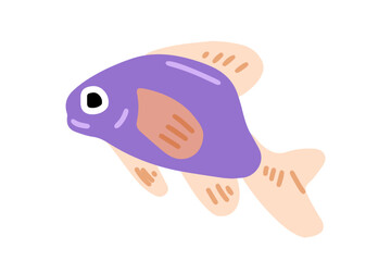 Cartoon Purple Tropical Fish Icon. Cute stylized purple fish with peach fins and details. Flat cartoon illustration, isolated on white background.