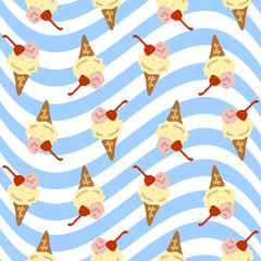 Seamless Cartoon Ice Cream Pattern. Cute waffle cones with vanilla and strawberry scoops topped with cherry on a wavy blue and white background. Flat cartoon seamless repeat design.