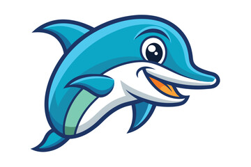 A cheerful blue dolphin swims happily with a big smile on a white backdrop
