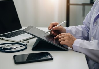 Fototapeta premium Doctor using tablet with stylus at desk with laptop and stethoscope