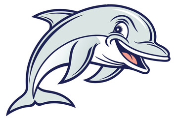 Cheerful dolphin with a wide smile swims forward, a vibrant aquatic cartoon creature