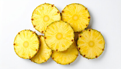 this image displays several slices of a bright yellow fruit on a white backdrop. the circular slices feature a textured, patterned surface with a small, smooth, round core at the center