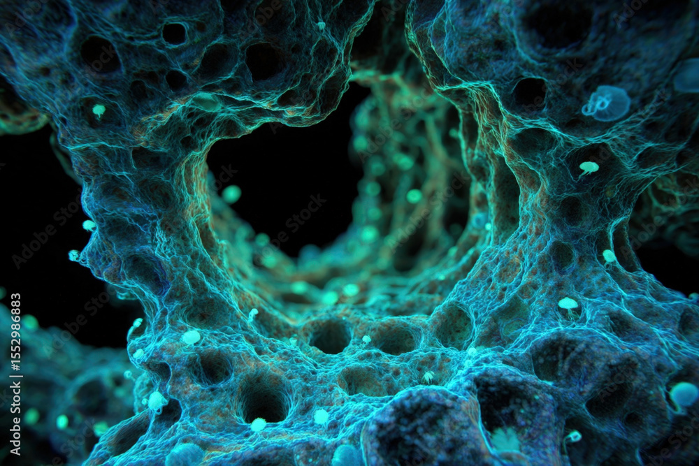 Poster macro view of glowing coral-like deep sea structure with nano crustaceans