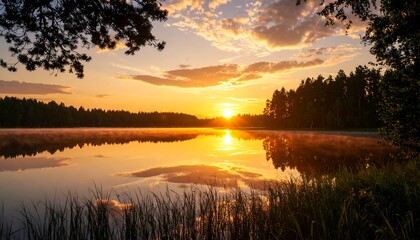 Obraz premium Calm lake at dawn reflecting sunrise sky with golden cinematic glow