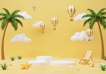 Obraz premium Whimsical summer beach scene with golden hot air balloons palm trees clouds and display podiums on sandy shore