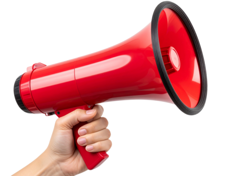  Human Hand Holding a Red Megaphone from Side View isolated on transparent background PNG