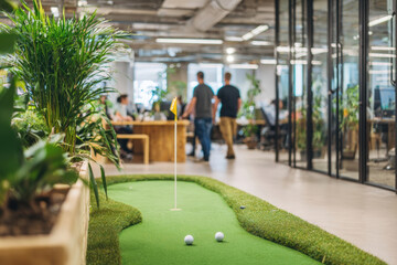Modern creative office space with colleagues playing mini golf during brainstorming session, relaxed workplace environment with greenery
