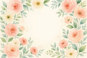 Vintage floral background with romantic pink roses, elegant frame, and decorative hearts for a wedding or Valentine's Day card design