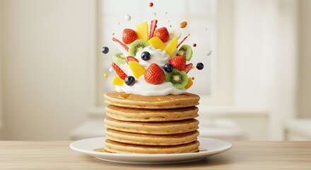 Fluffy Pancakes Topped with a Whimsical Burst of Fresh Fruit and Cream