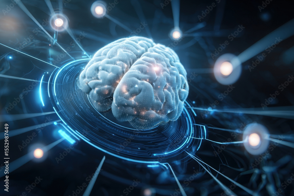 Aufkleber futuristic ai brain with glowing neural network and holographic global interface