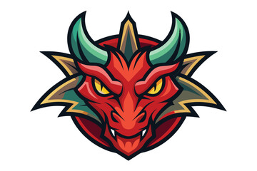 Menacing red dragon head displays yellow eyes and green horns inside a bordered crest