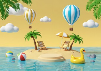 Obraz premium Whimsical tropical island scene with palm trees beach chairs inflatable swan beach balls and hot air balloons floating in a clear blue sky