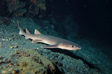 Naklejka premium Macro close-up of blackmouth catshark gliding over rocky ocean abyss with glowing fins