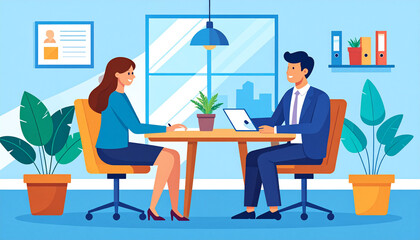 the scene features two individuals sitting across from each other at a table. the table has a small plant placed in the center of it, and a laptop is to the right