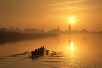 Team of rowers gliding across calm river water at dawn with glowing lighthouse horizon
