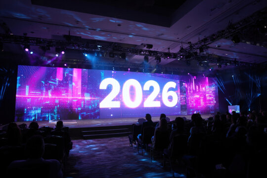 Futuristic startup pitch event with glowing 2026 screen in modern conference room