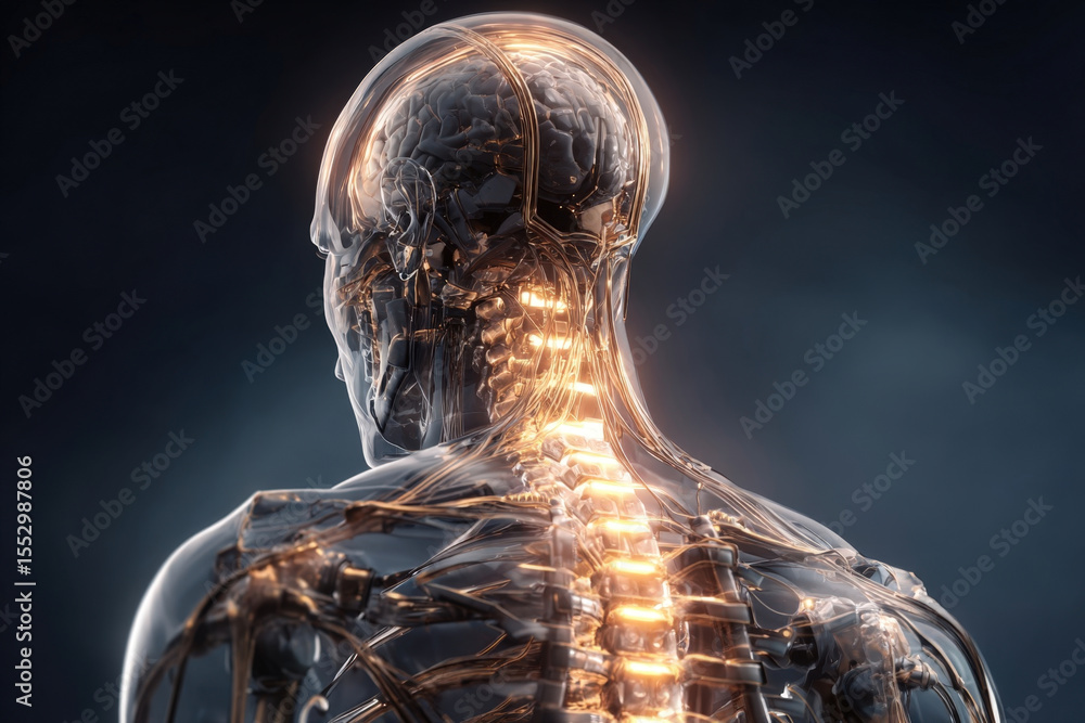 Aufkleber semi-transparent humanoid ai with glowing mechanical neural network and illuminated spine