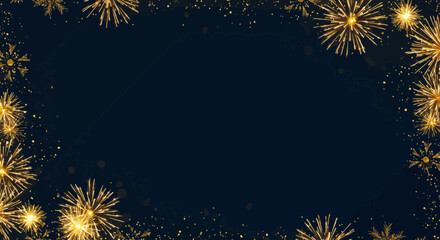 Elegant dark blue background adorned with sparkling gold elements and fireworks