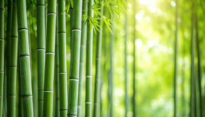 Fototapeta premium the image showcases a dense collection of tall, green, hollow plants in a forest like setting. the stalks exhibit characteristic segmented patterns along their length, adding visual interest