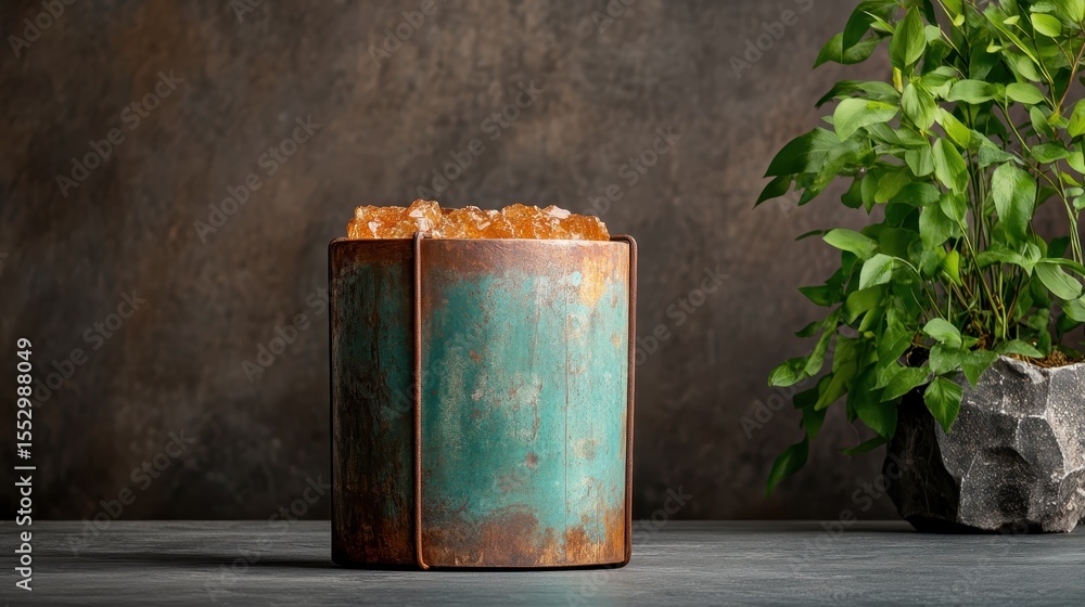 Poster a rustic container filled with ice cubes, accompanied by a lush green plant, creating a serene and r