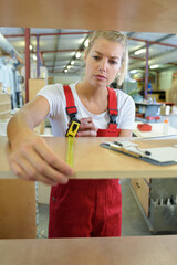 female carpenter measuring furniture shelf