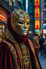Fototapeta premium Masked Noble in Urban Treasure Hunt – Regal Fantasy in Modern Cityscape