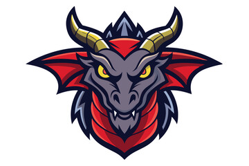 Intense red dragon head glares with golden eyes and sharp teeth on white background