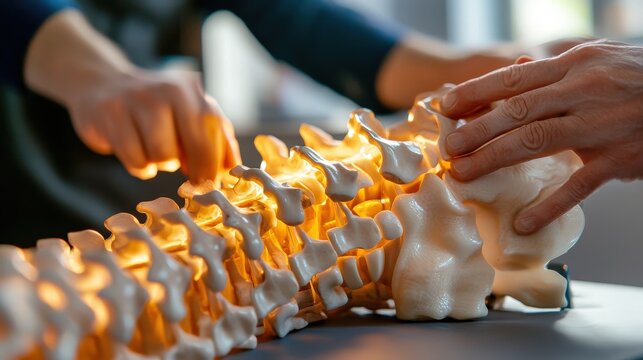 Human hand touching a model of the human spinal column - Powered by Adobe
