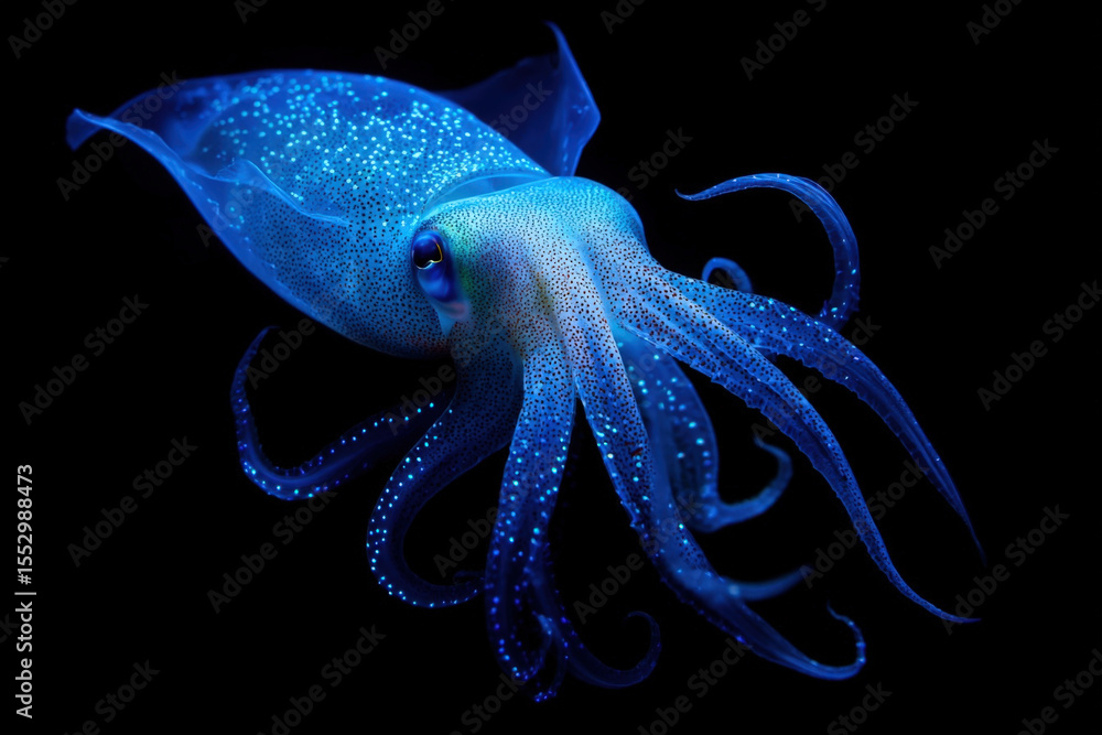 Poster macro close-up of vampire squid extending webbed arms in dark deep ocean