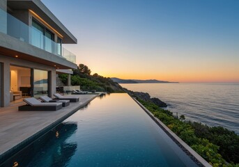 Modern villa with infinity pool overlooking the ocean at sunset