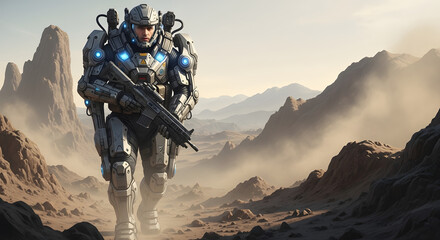 A futuristic soldier in a powered exoskeleton suit walking in a desert landscape
