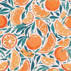 Seamless orange fruit pattern. A lively and colorful repeat pattern featuring hand-drawn oranges, leaves, and blossoms. Perfect for summer prints, packaging, fabrics, and wallpapers.
