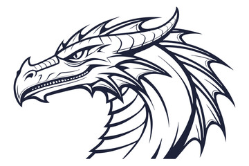 A formidable dragon's head presents sharp horns, teeth, and plates in monochrome line art