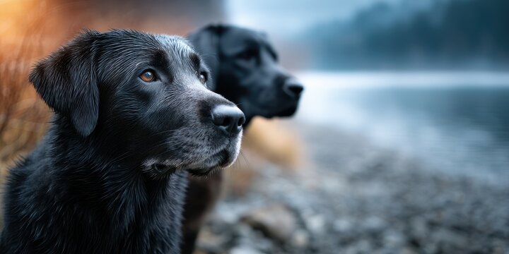 Black Labradors observing the tranquil waters during a foggy morning near a lakeside - Powered by Adobe