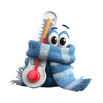 Cartoon Thermometer Character Wrapped in Scarf Feeling Cold Isolated on Transparent Background