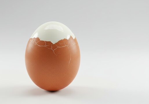 Cracked hard boiled egg on a white background shows the peeled top - Powered by Adobe