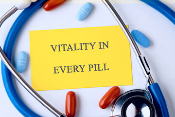 The concept phrase is VITALITY IN EVERY PILL. Balance, eat, vitality, exercise, sleep, rest and care concept