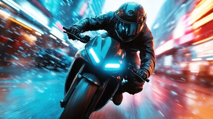 An adrenaline-pumping shot of a motorcycle rider speeding through a vibrant, colorful urban setting, capturing the essence of excitement and freedom in the world of racing.