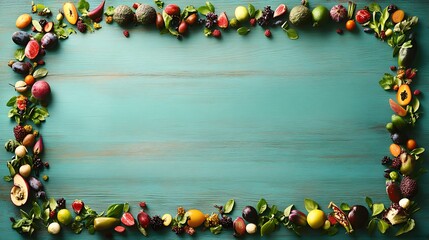 Vibrant Exotic Fruit Border Frame on Teal Wood