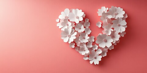 White paper flowers arranged in a heart shape on a coral background for decoration or celebration