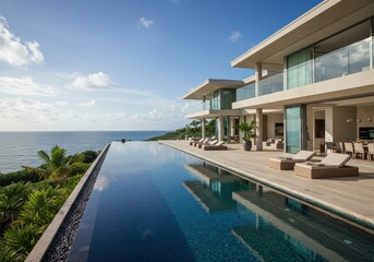 Fototapeta premium Luxury villa with infinity pool overlooking the ocean on a sunny day