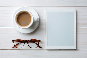 office flat lay with a cup of coffee, glasses and a tablet