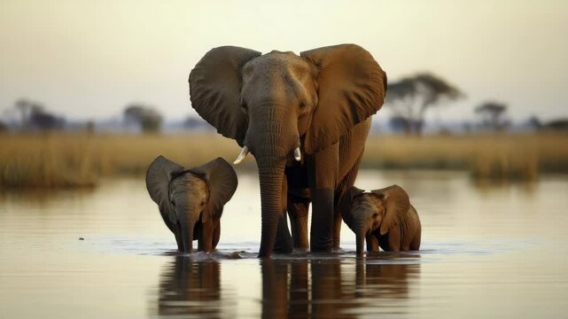 African elephant family in shallow water, wildlife nature scene with reflection, outdoors on safari&mdash;majestic animal group with calves, peaceful African savanna atmosphere, unity and tranquility